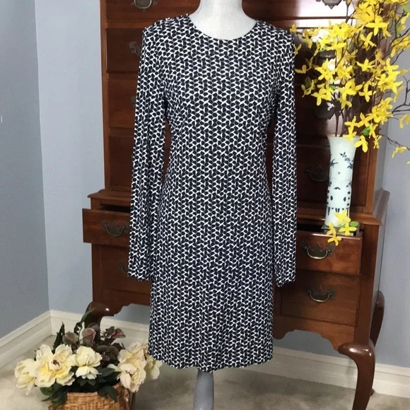 Tory Burch Geometric Long Sleeve Navy Sheath Dress Size Medium - Picture 2 of 13
